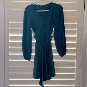 Silky teal mid thigh belted puff sleeve dress